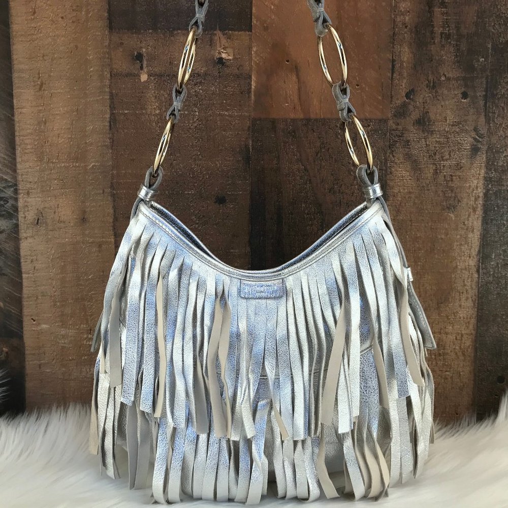 Yves Saint Laurent Fringe La Boheme Metallic Silver Leather Hobo Bag